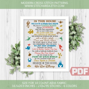 Cross Stitch Pattern, In This House We Do, Cartoon Quote, Castle, Family Rules, Modern Cute xStitch PDF Instant Download