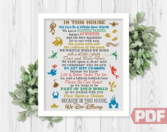 Schema punto croce, In questa casa lo facciamo, Citazione dei cartoni animati, Castello, Regole familiari, Moderno e carino xStitch PDF Download istantaneo