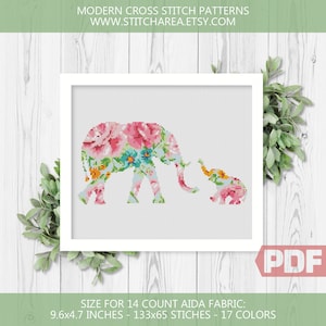 Bloemen olifanten kruissteekpatroon, olifant babysilhouet, modern interieurcadeau, xStitch, familie welkomstbord pdf direct downloaden