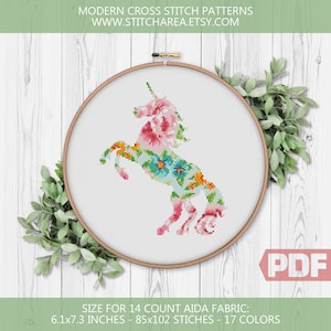 Unicornio floral, patrón de punto de cruz, silueta de animal de flor, letrero de decoración del hogar moderno para la habitación de los niños, xStitch PDF Descarga instantánea