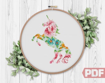 Floral Unicorn, Cross Stitch Pattern, Flower Animal Silhouette, Modern Home Decor Sign for Kids Room, xStitch PDF Instant Download