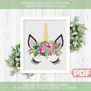 Unicorn Cross Stitch Pattern, Purple Flower, Animal Floral Counted Chart xStitch, Sweet Modern Home Decor Cute Gift, PDF Instant Download