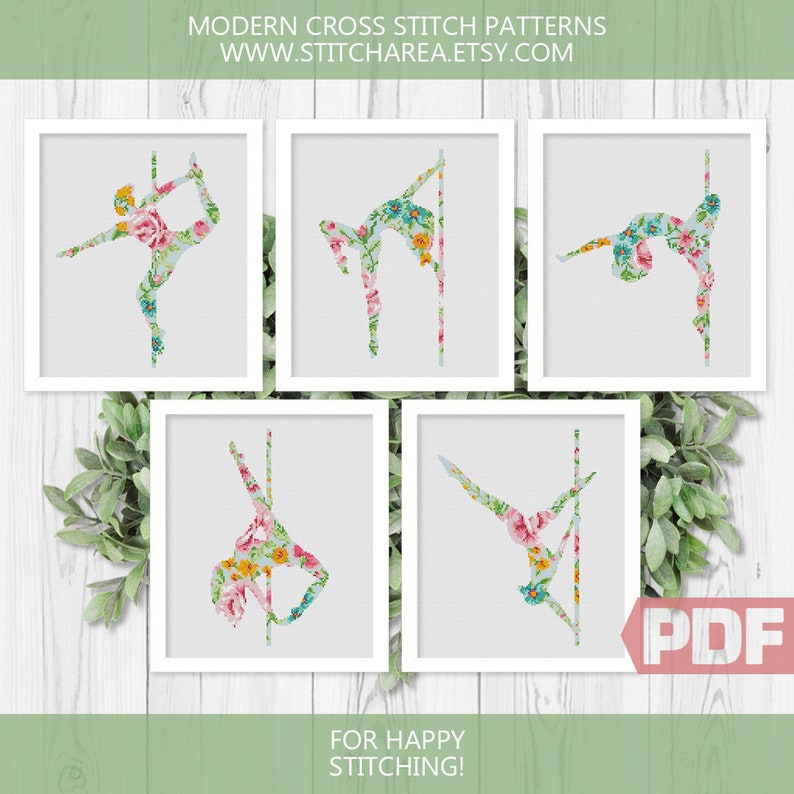 Puede incluir: Cinco patrones de punto de cruz con un dise&ntilde;o floral de una persona haciendo pole dance. Los patrones est&aacute;n en marcos blancos sobre un fondo blanco. El texto "MODERN CROSS STITCH PATTERNS WWW.STITCHAREA.ETSY.COM" est&aacute; en la parte superior de la imagen. El texto "FOR HAPPY STITCHING!" est&aacute; en la parte inferior de la imagen. El texto "PDF" est&aacute; en la esquina inferior derecha de la imagen.