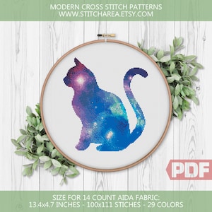 Galaxy Cat kruissteekpatroon, kitty silhouet, ruimte borduurkunst, modern interieur cadeau, xStitch modern bord pdf direct downloaden