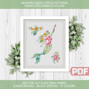 Schema punto croce sirena floreale, fiaba di eroi, decorazione di arte moderna carina floreale, grafico dolce e facile da contare xStitch PDF Download istantaneo