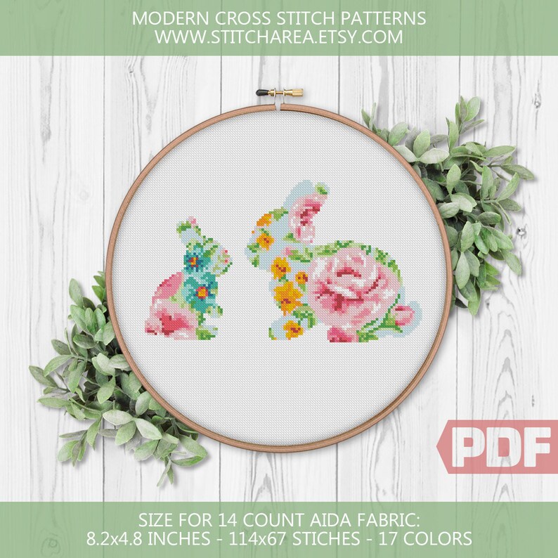 Floral Rabbits Cross Stitch Pattern Rabbit Baby Silhouette Modern Home ...