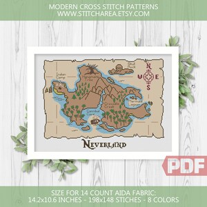 Cross Stitch Pattern, Dreamlike Map Fairytale, Neverland Fantasy Modern Teen Kids Room Cute Decor, PDF Instant Download