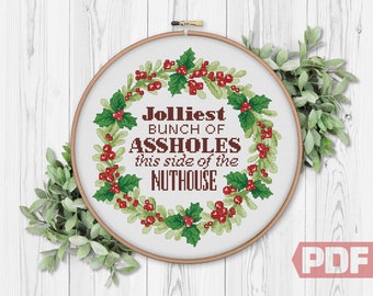 Flower Wreath Cross Stitch Pattern, Side Of The Nuthouse, Christmas Vacation, Home Modern Decor Counted Chart xStitch PDF Instant Download