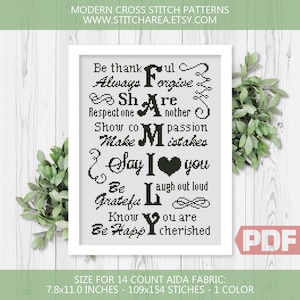 Family Cross Stitch Pattern, Be Thankful, Always Forgive, Be Happy, Welcome Home Sign Modern Art Decor Counted Chart xStitch PDF Download