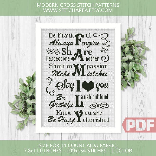 Family Cross Stitch Pattern, Be Thankful, Always Forgive, Be Happy, Welcome Home Sign Modern Art Decor Counted Chart xStitch PDF Download