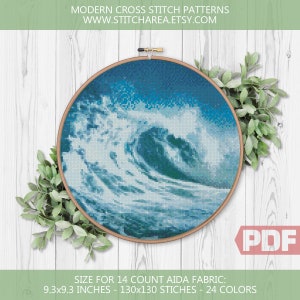 Patrón de punto de cruz de ola de mar, arte de bordado del océano, decoración del hogar moderno azul agua marinero marinero regalo, xStitch PDF Descarga instantánea
