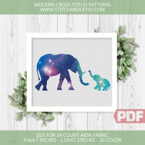 Galaxy olifanten kruissteekpatroon, olifant babysilhouet, ruimteborduurwerk, fantastisch cadeau, xStitch modern bord pdf direct downloaden