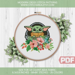 Bebê alienígena padrão de ponto cruz, flor a criança, fantasia casa moderna linda decoração de bordado contado gráfico fácil xStitch PDF download instantâneo
