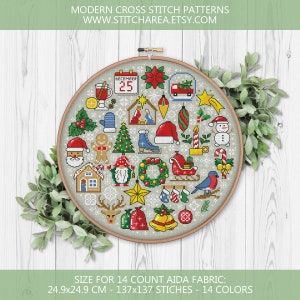 Símbolos de Natal padrão de ponto cruz, sinal de decoração moderna para casa de férias, decorações, amostra de gráfico contado xStitch PDF Download instantâneo