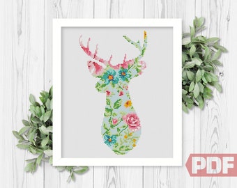 Floral Deer Cross Stitch Pattern, Horns Silhouette, Embroidery Art, Modern Home Decor Gift Modern Counted Chart xStitch PDF Instant Download