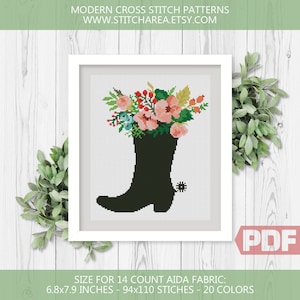 Botte de cowboy, motif de point de croix, silhouette de pays floral, fleurs modernes Welcome Home Decor Sign Easy xStitch PDF Téléchargement instantané
