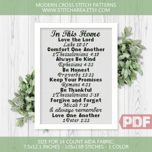 May include: A framed cross-stitch pattern with the text "In This Home" and various Bible verses. The design is in black on a white background, with dimensions of 7.5x12.1 inches. The Etsy shop URL is visible.