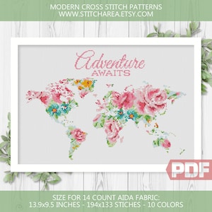 Floral World Map Cross Stitch Pattern, Adventure Awaits, Flower Earth Silhouette Modern Home Decor Sign Gift, xStitch PDF Instant Download