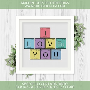 Ik hou van jou kruissteekpatroon, chemische elementen modern interieur teken wetenschap scheikunde getelde grafiek xStitch pdf-download