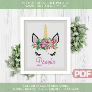 Padrão de ponto cruz de unicórnio, unicórnio de flor roxo personalizado, silhueta animal floral xStitch, nome presente de nascimento decoração infantil, PDF personalizado