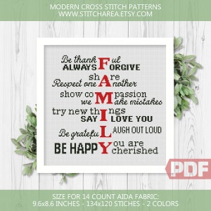 Patrón de punto de cruz familiar, ser agradecido, ser feliz, bienvenido fácil signo moderno decoración de arte del hogar lindo regalo gráfico contado xStitch PDF Descargar