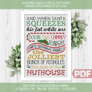 When Santa Squeezes Cross Stitch Pattern: Funny Christmas Vacation Decor (PDF Download)