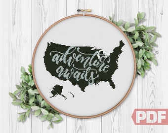 Adventure Awaits, Cross Stitch Pattern, USA Map, Quote xStitch Welcome Easy Modern Home Decor Cute Gift Counted Chart PDF Instant Download
