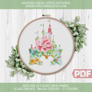 Bloemenkasteel kruissteekpatroon, muissilhouet, borduurwerk modern borduurwerk huisdecor, getelde grafiek xStitch PDF Instant Download