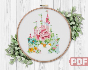 Floral Castle Cross Stitch Pattern, Mouse Silhouette, Embroidery Modern Embroidery Home Decor, Counted Chart xStitch PDF Instant Download