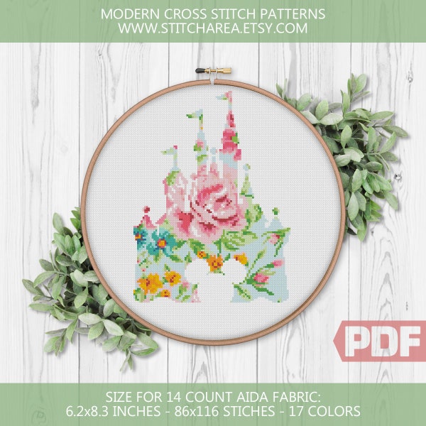 Floral Castle Cross Stitch Pattern, Mouse Silhouette, Embroidery Modern Embroidery Home Decor, Counted Chart xStitch PDF Instant Download