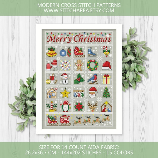 Merry Christmas Cross Stitch Pattern, Advent Calendar, Holiday Home Modern Decor Sign, Sampler Counted Chart xStitch PDF Instant Download