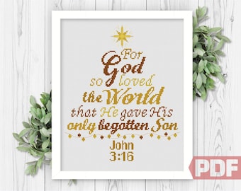 John 3:16 Cross Stitch Pattern, Christmas Tree, Winter Home Modern Decor, Bible Verse, Counted Chart xStitch PDF Instant Download