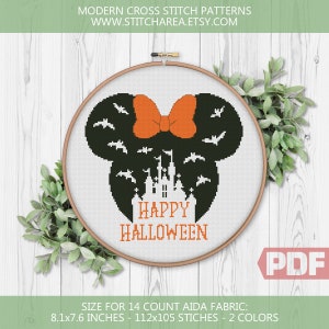 Happy Halloween Cross Stitch patroon, kasteel silhouet muis kunst moderne borduurwerk Home decor geteld grafiek xStitch PDF Instant Download