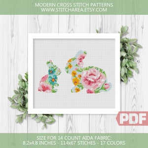 Conejos florales patrón de punto de cruz conejo bebé silueta moderna decoración del hogar regalo bordado dulce signo de bienvenida xStitch PDF Descarga instantánea