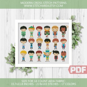 Mini Princes Cross Stitch Pattern, Heroes Small Pixel People Cartoon Characters Nursery Embroidery Counted xStitch Chart, Instant Download