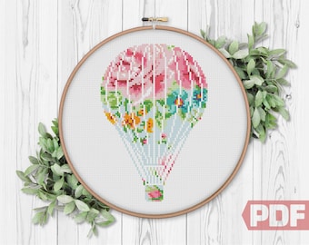 Floral Air Balon Cross Stitch Pattern, Voyage Silhouette, Embroidery Flight Art Modern Home Decor Counted Chart xStitch PDF Instant Download