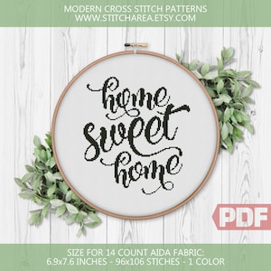 Home Sweet Home, Cross Stitch Pattern, Cute Easy Modern Decor Kitchen, Housewife Gift, Welcome Home Easy Counted Chart PDF Digital Download