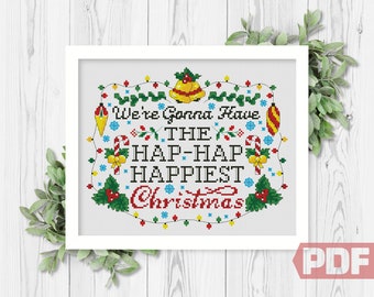 Hap-Hap Happiest Cross Stitch Pattern, , Christmas Vacation, Quote Home Modern Decor Sign, Counted Chart xStitch PDF Instant Download