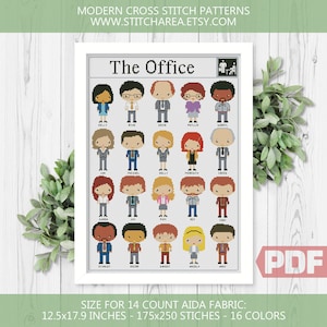May include: Cross stitch pattern of The Office characters, including Michael, Dwight, Jim, Pam, and more. The pattern is for 14 count Aida fabric and measures 12.5 x 17.9 inches, with 175 x 250 stitches and 16 colors.