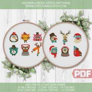 Puede incluir: Dos conjuntos de patrones de punto de cruz con adorables personajes de animales de invierno. Los patrones están diseñados para tela Aida de 14 puntos y incluyen de 12 a 14 colores. El primer conjunto incluye un pingüino, un gato, un búho, un oso, un búho y una jirafa. El segundo conjunto incluye un muñeco de nieve, un reno, Santa Claus, un oso, un pingüino y un cardenal.