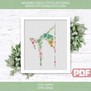 Puede incluir: Un patr&oacute;n de punto de cruz con un dise&ntilde;o floral de una persona haciendo pole dance. El patr&oacute;n est&aacute; en tonos de rosa, azul, verde y amarillo. El patr&oacute;n est&aacute; en un marco blanco y el texto "FOR HAPPY STITCHING!" est&aacute; debajo del marco. El texto "PDF" est&aacute; en la esquina inferior derecha de la imagen.