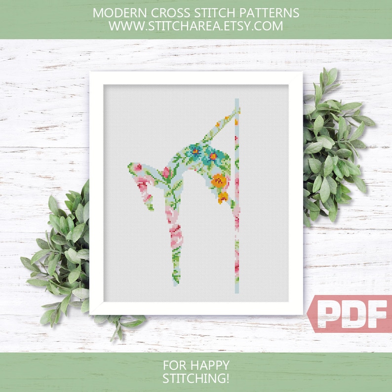 Puede incluir: Un patr&oacute;n de punto de cruz con un dise&ntilde;o floral de una persona haciendo pole dance. El patr&oacute;n est&aacute; en tonos de rosa, azul, verde y amarillo. El patr&oacute;n est&aacute; en un marco blanco y el texto "FOR HAPPY STITCHING!" est&aacute; debajo del marco. El texto "PDF" est&aacute; en la esquina inferior derecha de la imagen.