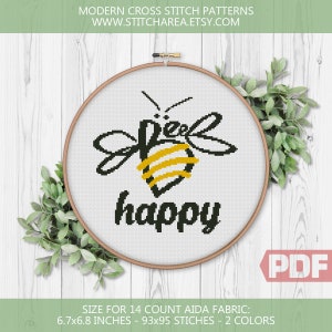 Bee Happy, Cross Stitch Pattern, Cute Bumble Bee Honey Funny Nature Bug Animal, Modern Art Fan Decor Welcome Easy Sign, PDF Digital Download