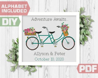 Tandem Bike Cross Stitch Pattern: Wedding Date, Adventure Awaits (PDF Download)