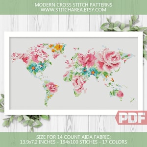 Carte du monde florale, point de croix, fleur, carte de la terre, silhouette, broderie, art moderne, décoration d'intérieur, signe, cadeau, xStitch PDF, téléchargement immédiat