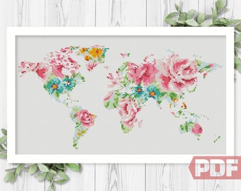 Floral World Map Cross Stitch Pattern, Flower Earth Map Silhouette Embroidery Modern Art Home Decor Sign Gift, xStitch PDF Instant Download