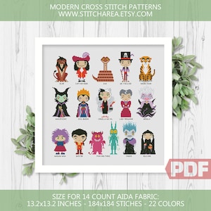 Villains Cross Stitch Pattern, Mini Heroes Small Pixel People, Funny Fairy Tale Modern Embroidery Nursery xStitch Chart PDF Instant Download