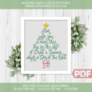 Kerstkruissteekpatroon, nieuwjaarsboom, Christus de Heer, Lucas 2:11, modern interieur, getelde grafiek xStitch PDF Instant Download