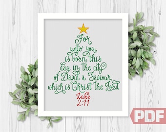 Christmas Cross Stitch Pattern, New Year Tree, Christ the Lord, Luke 2:11, Home Modern Decor, Counted Chart xStitch PDF Instant Download