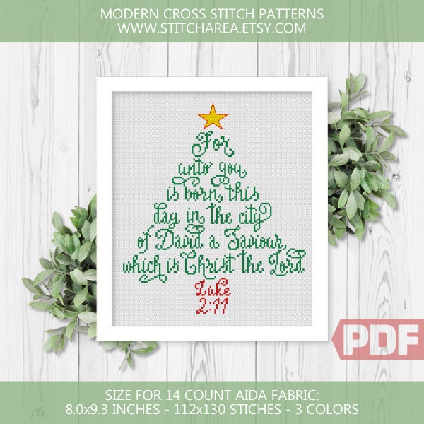 Christmas Cross Stitch Pattern, New Year Tree, Christ the Lord, Luke 2:11, Home Modern Decor, Counted Chart xStitch PDF Instant Download